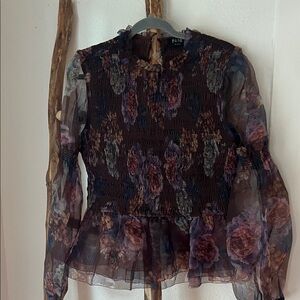 Fate Dark Brown Floral Smocked Sheer Peplum Blouse - Chocolate, Purple XL NWT